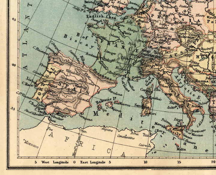 1871 map of europe. southwest europe map